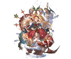 Rule 34 | 1girl, alternate hairstyle, blonde hair, blue eyes, bonnet, boots, bow, cagliostro (granblue fantasy), candle, chimney, dragon, dress, full body, gift, granblue fantasy, hair bow, long hair, minaba hideo, official art, red dress, transparent background, very long hair, white footwear
