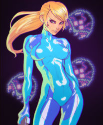 Rule 34 | 1girl, arm behind back, black background, blonde hair, bodysuit, breasts, breasts apart, chromatic aberration, contrapposto, covered collarbone, cowboy shot, finger on trigger, ilya kuvshinov, impossible clothes, leaning to the side, legs apart, metroid, metroid: other m, metroid (creature), nintendo, ponytail, samus aran, simple background, skin tight, solo, standing, swept bangs, weapon, zero suit