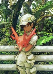 Rule 34 | 1girl, aether foundation employee, aether foundation employee (female), black hair, brown eyes, closed mouth, commentary request, corsola, creatures (company), dark skin, expressionless, eyelashes, fence, foliage, game freak, gen 2 pokemon, gloves, hat, highres, holding, holding pokemon, looking to the side, minahamu, nintendo, palm tree, pantyhose, pokemon, pokemon (creature), pokemon sm, short hair, short sleeves, tree, white gloves, white headwear