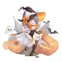 Rule 34 | 1girl, ;3, ;d, alternate costume, aqua hair, ascot, azur lane, bandaged leg, bandages, bat (animal), bell, black footwear, black thighhighs, blue eyes, bow, bowtie, castle, charcoal carbon, chibi, dress, fang, ghost, grey hair, halloween costume, hat, hat bell, hat bow, highres, jack-o&#039;-lantern, jingle bell, leg up, little cheshire (azur lane), looking at viewer, multicolored hair, one eye closed, open mouth, orange bow, orange bowtie, outstretched arm, pumpkin, simple background, single thighhigh, skin fang, sleeveless, sleeveless dress, smile, solo, standing, streaked hair, thighhighs, tomb, two-tone hair, white ascot, white background, witch hat
