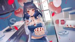 1girl balloon black_hair bottle bow breasts cake cleavage collarbone cup dizzy_dokuro falling_petals food food_on_face fork fruit frying_pan heart heart_balloon heart_necklace jewelry kitchen long_hair long_sleeves miyako_(xxxbibit) navel necklace off_shoulder open_mouth petals phase_connect pointy_ears red_bow red_eyes red_petals sample_watermark shadow sleeves_past_wrists solo stove strap_slip strawberry virtual_youtuber watermark