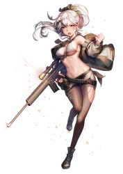 Rule 34 | 1girl, belt, bikini, bikini top only, full body, girls&#039; frontline, grey eyes, gun, highres, jacket, kyjsogom, long hair, looking at viewer, midriff, miniskirt, navel, open mouth, pantyhose, ponytail, psg-1 (girls&#039; frontline), rifle, shoes, skirt, solo, standing, standing on one leg, swimsuit, torn clothes, torn pantyhose, weapon, white background, white hair