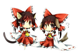 Rule 34 | 1girl, animal ears, bad id, bad pixiv id, black hair, bow, cat ears, cat girl, cat tail, chibi, detached sleeves, dog ears, dual persona, female focus, full body, hair bow, hakurei reimu, japanese clothes, kemonomimi mode, miko, multiple views, pasutel, ribbon, simple background, sitting, standing, tail, touhou, white background