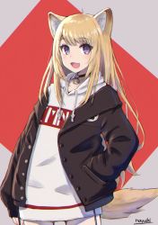 Rule 34 | 1girl, :d, ahoge, animal ear fluff, animal ears, black jacket, blonde hair, commentary request, dog ears, dog girl, dog tail, drawstring, fang, grey background, hand in pocket, highres, hood, hood down, hoodie, jacket, kmnz, long hair, long sleeves, looking at viewer, mc lita, nayuhi (yukimuu14), open clothes, open jacket, open mouth, puffy long sleeves, puffy sleeves, purple eyes, red background, signature, sleeves past wrists, smile, solo, tail, two-tone background, very long hair, virtual youtuber, white hoodie
