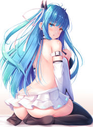 Rule 34 | 1girl, :o, akashio (loli ace), aqua hair, arm belt, ass, azur lane, back, backless outfit, bare shoulders, black thighhighs, blue eyes, blue hair, blush, breasts, butt crack, commentary request, detached sleeves, female focus, from behind, hair ribbon, heterochromia, highres, horns, ibuki (azur lane), large breasts, long hair, looking at viewer, looking back, microskirt, miniskirt, naked skirt, no panties, no shoes, parted lips, pleated skirt, red eyes, ribbon, seiza, shoulder blades, sideboob, sidelocks, sitting, skirt, solo, thighhighs, white background, white ribbon, white skirt, wide sleeves
