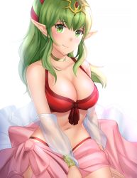 Rule 34 | 1girl, bikini, breasts, cleavage, closed mouth, colored eyelashes, female focus, fire emblem, fire emblem awakening, fire emblem heroes, gigamessy, green eyes, green hair, large breasts, long hair, looking at viewer, matching hair/eyes, navel, nintendo, official alternate costume, pointy ears, ponytail, red bikini, simple background, sitting, smile, solo, swimsuit, tiara, tiki (adult) (fire emblem), tiki (adult) (summer) (fire emblem), tiki (fire emblem), white background