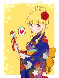 Rule 34 | 1girl, alternate costume, alternate hair color, alternate hairstyle, arrow (projectile), bad id, bad pixiv id, black eyes, blonde hair, blue kimono, blunt bangs, closed mouth, commentary, floral print, flower, girls und panzer, hair flower, hair ornament, hair up, hamaya, heart, highres, holding, holding arrow, japanese clothes, katsuragi (webmaster909), kimono, light blush, light particles, long sleeves, looking at viewer, new year, obi, one-hour drawing challenge, outside border, print kimono, sash, sidelocks, smile, solo, spoken heart, standing, takebe saori, twitter username, wide sleeves, yellow background