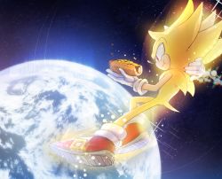 Rule 34 | 1boy, cheese, cheese trail, chili dog, earth (planet), eating, flying, food, furry, furry male, gloves, hand on back, highres, hot dog, looking to the side, male focus, nisibo25, planet, pointy ears, red eyes, shoes, sky, smile, solo, sonic (series), sonic the hedgehog, space, sparkle, spiked hair, star (sky), starry sky, super sonic, yellow fur