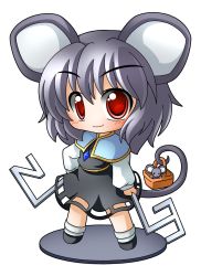 Rule 34 | 1girl, animal ears, bad id, bad pixiv id, basket, blush, capelet, chibi, dowsing rod, dress, faux figurine, female focus, full body, grey dress, grey hair, jewelry, mouse (animal), mouse ears, mouse tail, nazrin, necklace, pendant, red eyes, shinjitsu, short hair, simple background, smile, solo, standing, tail, touhou, white background