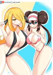 Rule 34 | asymmetrical docking, bikini, blonde hair, breast press, breasts, brown hair, creatures (company), cynthia (pokemon), game freak, large breasts, luex, nintendo, pokemon, pokemon bw2, pokemon dppt, rosa (pokemon), slingshot swimsuit, swimsuit, twintails