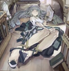 Rule 34 | 1girl, absurdres, aspirine4832, black dress, blunt bangs, book, bracelet, breasts, clothing cutout, dorsiflexion, dress, eyelashes, faruzan (genshin impact), feet, foreshortening, genshin impact, green dress, green eyes, grey hair, hand on own knee, hand up, highres, indoors, jewelry, legs, long hair, looking at viewer, lying, medium breasts, on back, on ground, open book, shadow, shoulder cutout, solo, toe cleavage, toes, twintails, white dress, wooden floor
