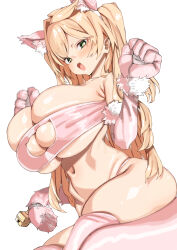 Rule 34 | 1girl, animal ears, animal hands, bare shoulders, bell, blonde hair, blush, bra, breasts, cat cutout, cat ears, cat paws, cat tail, cleavage, clothing cutout, elbow gloves, fake animal ears, fake tail, fang, gloves, green eyes, highres, huge breasts, kz oji, long hair, looking at viewer, mole, mole under mouth, navel, open mouth, original, paw gloves, pink bra, pink gloves, pink thighhighs, simple background, sitting, skin fang, slit pupils, solo, strapless, strapless bra, tail, tail bell, tail ornament, thighhighs, underwear, white background