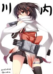 Rule 34 | 10s, 1girl, bare shoulders, black eyes, black hair, black skirt, black thighhighs, blush, bow, character name, cowboy shot, dated, elbow gloves, frills, from behind, gloves, hair between eyes, hair ornament, kantai collection, looking at viewer, looking back, noe noel, one-hour drawing challenge, red bow, scarf, school uniform, sendai (kancolle), sendai kai ni (kancolle), serafuku, single thighhigh, skirt, solo, thighhighs, torpedo, tsurime, twitter username, two side up, white background, white scarf