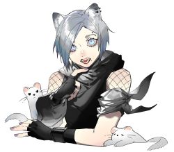 Rule 34 | 1girl, animal ears, arknights, armband, black gloves, black lips, black shirt, blouse, blue eyes, chinese commentary, commentary, ear piercing, english commentary, ermine, eyebrow piercing, eyelashes, ferret, ferret ears, fingerless gloves, fishnet sleeves, fishnets, gloves, goth fashion, highres, lipstick, lirensheng, looking at viewer, makeup, mixed-language commentary, mole, mole under mouth, nail polish, open mouth, parted bangs, piercing, purple nails, sharp teeth, shirayuki (arknights), shirt, short hair, silver hair, simple background, slit pupils, solo, teeth, turtleneck, upper body, weasel, weasel ears, white background