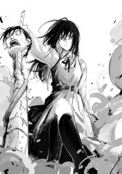 Rule 34 | 1girl, absurdres, belt, black hair, black thighhighs, chainsaw man, collared shirt, commentary, crossed legs, dress, feet out of frame, from below, greyscale, hair between eyes, highres, holding, holding weapon, long hair, long sleeves, looking at viewer, looking down, maya g, monochrome, neck ribbon, pinafore dress, ribbon, ringed eyes, school uniform, serious, severed head, shirt, sitting, sketch, sleeveless, sleeveless dress, solo, spine, tanaka (chainsaw man), thighhighs, weapon, white background, yoru (chainsaw man)