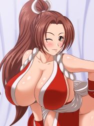 Rule 34 | 1girl, bent over, blush, breasts, brown eyes, brown hair, cleavage, hand on own hip, highres, huge breasts, japanese clothes, long hair, looking at viewer, one eye closed, ponytail, shiranui mai, simple background, smile, solo, standing, the king of fighters, tomite, wink
