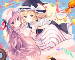 Rule 34 | 2girls, ajiriko, biscuit (bread), blonde hair, blush, bow, candy, doughnut, food, hat, hat bow, holding hands, kirisame marisa, long hair, mob cap, multiple girls, own hands together, patchouli knowledge, purple eyes, purple hair, star (symbol), touhou, witch hat, yellow eyes