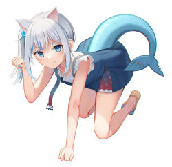 Rule 34 | 1girl, all fours, animal ears, bare arms, blue dress, blue eyes, blue hair, blue nails, brown footwear, cat ears, closed mouth, cube hair ornament, dress, fins, fish tail, full body, gawr gura, gawr gura (casual), hair ornament, hand up, highres, hololive, hololive english, kep (ahokep), looking at viewer, multicolored hair, nail polish, official alternate costume, paw pose, sandals, shark tail, shirt, side ponytail, simple background, sleeveless, sleeveless dress, smile, solo, streaked hair, tail, virtual youtuber, white background, white shirt