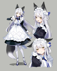 Rule 34 | 1girl, :t, animal ears, apron, black dress, blush, dress, ears down, fang, fox ears, fox girl, fox tail, grey background, grey hair, hair rings, highres, long sleeves, looking at viewer, maid, maid headdress, multiple views, open mouth, original, pantyhose, pout, simple background, smile, tail, urata asao, white apron, white pantyhose, yellow eyes