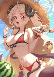 Rule 34 | 1girl, :d, absurdres, ahoge, bikini, blonde hair, blue archive, blue sky, blush, breasts, brown headwear, cleavage, cowboy shot, day, food request, hair ornament, hairclip, halo, hat, highres, horns, izumi (blue archive), izumi (swimsuit) (blue archive), large breasts, long hair, navel, open mouth, outdoors, parted bangs, red bikini, red ribbon, ribbon, side-tie bikini bottom, sky, smile, stomach, straw hat, swimsuit, tearing up, tears, tentacles, three twosix, toned, underboob, very long hair, watermark, wristband, yellow eyes