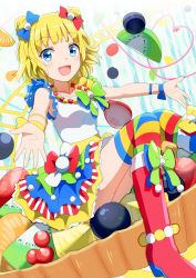 Rule 34 | 1girl, :d, bad id, bad pixiv id, blonde hair, blue eyes, boots, bow, cone hair bun, food, fruit tart, gotyou, hair bow, hair bun, hair ornament, looking at viewer, minami mirei, multicolored stripes, open mouth, outstretched arms, pretty series, pripara, sitting, smile, solo, spread arms, striped clothes, striped thighhighs, tart (food), thighhighs