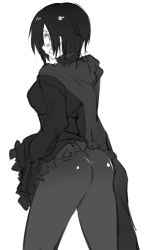 Rule 34 | 1girl, ass, black hair, blush, breasts, clothes lift, from behind, grin, legs, looking at viewer, looking back, medium breasts, monochrome, negresco, pantyhose, ruby rose, rwby, scarf, short hair, skirt, skirt hold, skirt lift, smile, solo, thighs
