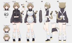 Rule 34 | 1girl, apron, bell, black bow, black footwear, black skirt, black sweater, bow, breasts, brown eyes, brown hair, closed eyes, closed mouth, color guide, commentary request, frilled apron, frills, full body, grey background, hair ornament, highres, jingle bell, konan mia, konan mia (3rd costume), looking at viewer, loose socks, medium bangs, meerkat ears, meerkat tail, midriff, miniskirt, multiple views, nanashi inc., navel, official art, one eye closed, open mouth, platform footwear, rucaco, shoes, short hair, simple background, skirt, small breasts, smile, socks, sweater, tail, tail bell, tail bow, tail ornament, translation request, turtleneck, turtleneck sweater, two-piece apron, virtual youtuber, waist apron, white apron, white socks, x hair ornament, zipper