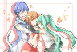 Rule 34 | 1boy, 2girls, aqua eyes, aqua hair, arms around neck, bare shoulders, belt, black skirt, black sleeves, blue hair, blue scarf, brown eyes, brown hair, closed eyes, closed mouth, coat, cochis1322, commentary, crop top, detached sleeves, grey shirt, hair ornament, half-closed eyes, hand on another&#039;s arm, happy, hatsune miku, heart, hug, kaito (vocaloid), long hair, meiko (vocaloid), midriff, miniskirt, multiple girls, navel, open mouth, red shirt, red skirt, scarf, shirt, short hair, skirt, sleeveless, sleeveless shirt, smile, twintails, upper body, very long hair, vocaloid, white belt, white coat