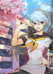 Rule 34 | 1girl, artist request, atlus, blue hair, cover, cover page, hand on own hip, highres, houndstooth, labrys (persona), long hair, megami tensei, persona, persona 4, persona 4: the ultimate in mayonaka arena, petals, ponytail, red eyes, school uniform, serafuku, shin megami tensei, smile, solo