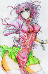 Rule 34 | 1girl, amputee, bad id, bad pixiv id, bandages, breasts, chinese clothes, colored pencil (medium), contrapposto, cuffs, double bun, female focus, flower, hair bun, highres, hip focus, ibaraki kasen, kitazinger, large breasts, looking at viewer, pink eyes, pink hair, rose, shackles, short hair, skindentation, skirt, solo, standing, tabard, thick thighs, thighhighs, thighs, touhou, traditional media, white thighhighs, wide hips, zettai ryouiki