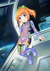 Rule 34 | 1girl, :d, blue eyes, blush, bodysuit, bow, breasts, commentary, commission, covered navel, craytm, earth (planet), english commentary, full body, green bow, hair bow, hand to own mouth, hand up, highres, looking at viewer, open mouth, orange hair, original, pink bodysuit, planet, ponytail, small breasts, smile, solo, space, spacecraft, star (sky), zero gravity