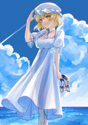 Rule 34 | 1girl, absurdres, blonde hair, closed mouth, cloud, cloudy sky, day, dress, feet out of frame, hair between eyes, hat, highres, holding, holding clothes, holding footwear, kinese (katasutorohu), maribel hearn, mob cap, outdoors, sandals, short hair, short sleeves, sky, smile, solo, touhou, white dress, white hat, yellow eyes