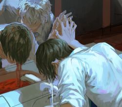 Rule 34 | 1boy, bad id, bad twitter id, bathroom, blood, brown hair, depressed, different reflection, fingernails, godsstation, hair over eyes, indoors, male focus, original, parted lips, reflection, sink, sketch, sleeves rolled up, smile, solo, water, wet, white hair