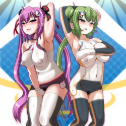 Rule 34 | 2girls, abstract background, beatmania, beatmania iidx, blush, bodypaint, breasts, covering breasts, covering privates, cowboy shot, false clothes, female focus, green hair, kitami erika, large breasts, long hair, looking at viewer, mizushiro celica, multiple girls, nude, painted clothes, pink hair, pubic hair, standing, twintails, ui (fuugetsuin), very long hair