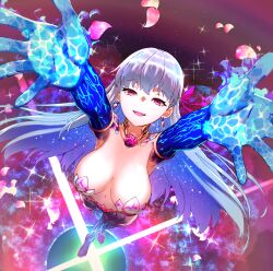 Rule 34 | 1girl, absurdres, aki shiki, armlet, armor, armpits, bikini armor, blue fire, blue hair, blue skin, blush, breasts, cleavage, collar, collarbone, colored inner hair, colored skin, earrings, fate/grand order, fate (series), fire, flower, full body, gradient skin, hair ribbon, highres, jewelry, kama (fate), kama (third ascension) (fate), large breasts, long hair, looking at viewer, lotus, metal collar, multicolored hair, navel, open mouth, outstretched arms, petals, red eyes, ribbon, smile, solo, sparkle, thighlet, two-tone hair, white hair