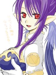 Rule 34 | 00s, 1girl, bad id, bad pixiv id, breast hold, breast lift, breasts, judith (tales), kanou miki (private garden), pointy ears, purple hair, red eyes, solo, tales of (series), tales of vesperia, translated