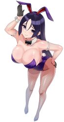 Rule 34 | 1girl, blush, bodysuit, breasts, cleavage, fate/grand order, fate (series), gloves, half gloves, highleg, highres, large breasts, leaning forward, leotard, long hair, looking at viewer, minamoto no raikou (fate), parted bangs, perspective, playboy bunny, purple eyes, purple hair, simple background, skin tight, smile, solo, standing, tachi-e, very long hair, volyz, white background