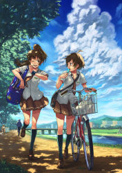 Rule 34 | 2girls, ;d, ahoge, bag, bag charm, basket, bicycle, blouse, blue eyes, blue legwear, blue sky, bottle, bridge, brown eyes, brown hair, brown necktie, brown skirt, building, charm (object), cloud, day, dog, duffel bag, eating, facing viewer, food, grass, hair ribbon, hand fan, hat, hood, hoodie, kneehighs, laughing, legs, loafers, long hair, looking at another, looking to the side, multiple girls, necktie, one eye closed, open mouth, original, outdoors, paper fan, park, path, pleated skirt, ponytail, ponzu (catponz), popsicle, ribbon, river, road, satchel, school uniform, shirt, shoes, shopping bag, short hair, short sleeves, shoulder bag, skirt, sky, smile, socks, straw hat, sunlight, sweatband, tree, tree shade, uchiwa, walking, water bottle, white shirt, wink, wristband