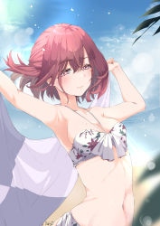 Rule 34 | 1girl, armpits, arms up, bikini, blurry, blurry foreground, blush, breasts, cleavage, collarbone, depth of field, floating hair, highres, higuchi madoka, holding, holding towel, idolmaster, idolmaster shiny colors, light smile, looking at viewer, medium breasts, navel, nyarotto, outdoors, print bikini, red eyes, red hair, solo, swimsuit, towel
