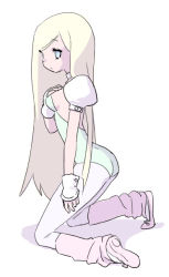 Rule 34 | 1990s (style), 1girl, ass, blonde hair, blue eyes, breasts, celes chere, female focus, final fantasy, final fantasy vi, full body, kneeling, leotard, long hair, looking back, noromi, pantyhose, shoulder pads, solo, white background