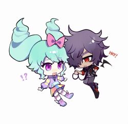 Rule 34 | !?, 1boy, 1girl, black footwear, black jacket, black wings, blue hair, boots, bow, chibi, chinese commentary, commentary request, dark-skinned male, dark skin, demon wings, drill hair, full body, grey pants, hair bow, hair over one eye, hand on own hip, highres, holding, holding leash, hood, hoodie, idol land pripara, jacket, katasumi amari, leash, long hair, long sleeves, mario (pripara), open mouth, pants, pink bow, pink eyes, pretty series, pripara, purple footwear, purple hair, purple hoodie, rainbow skirt, red eyes, short hair, simple background, smile, standing, twin drills, twintails, white background, wings, zhou (suzusuz57561619)