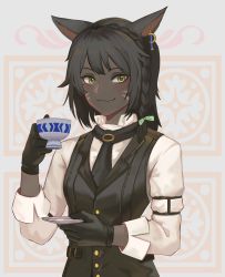 Rule 34 | 1girl, absurdres, animal ears, aoshiseven, warrior of light (ff14), black gloves, black hair, black vest, bow, braid, buttons, cat ears, cat girl, closed mouth, commission, cup, dark-skinned female, dark skin, earrings, facial mark, fangs, fangs out, final fantasy, final fantasy xiv, formal, gloves, green eyes, hair bow, hand up, highres, holding, holding cup, holding saucer, jewelry, long sleeves, looking at viewer, messy, miqo&#039;te, saucer, shirt, side braid, smile, solo, teacup, upper body, vest, whisker markings, white shirt