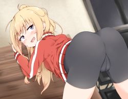 Rule 34 | 1girl, absurdres, ass, bike shorts, black shorts, blonde hair, blue eyes, blush, female focus, from behind, gabriel dropout, gabriel tenma white, highres, jacket, long hair, looking back, myauchuchu, open mouth, ponytail, presenting, red jacket, shorts, smile, solo, spread legs, thighs, track jacket