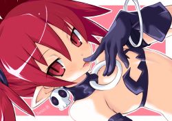 Rule 34 | 1girl, bra, demon girl, disgaea, disgaea d2, earrings, etna (disgaea), finger to mouth, flat chest, index finger raised, iwashi dorobou -r-, jewelry, licking, licking finger, looking at viewer, naughty face, pointy ears, red eyes, red hair, skull earrings, solo, tail, tongue, tongue out, twintails, underwear