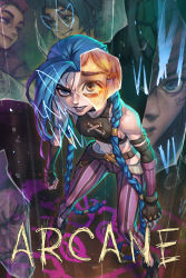 Rule 34 | absurdres, aged down, arcane: league of legends, arcane jinx, blue hair, boots, braid, copyright name, gloves, highres, jinx (league of legends), league of legends, long hair, pants, pt crow, striped clothes, striped pants, twin braids, twintails, very long hair, vi (league of legends)