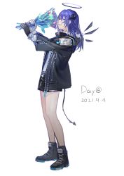 Rule 34 | absurdres, ankle boots, arknights, asymmetrical gloves, black footwear, black gloves, black jacket, black shorts, black wings, blouse, blue hair, boots, bouquet, dark halo, dated, demon girl, demon horns, demon tail, detached wings, energy wings, closed eyes, flower, full body, fur-trimmed hood, fur trim, gloves, halo, hands up, highres, holding, holding bouquet, hood, hood down, hooded jacket, horns, jacket, liangban xiexu, long hair, long sleeves, mismatched gloves, mostima (arknights), open clothes, open jacket, shirt, shorts, simple background, smile, solo, standing, tail, white background, white gloves, white shirt, wings