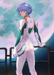 Rule 34 | 1girl, ayanami rei, blue hair, bodysuit, commentary, expressionless, feet out of frame, from behind, highres, lanhacy, legs apart, looking at viewer, looking back, moon, neon genesis evangelion, night, outdoors, plugsuit, railing, red eyes, short hair, skin tight, solo, standing, symbol-only commentary, white bodysuit