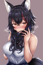Rule 34 | 1girl, animal ear fluff, animal ears, black hair, breasts, brown eyes, closed mouth, hair between eyes, highres, hololive, large breasts, long hair, multicolored hair, ookami mio, ookami mio (street), red hair, shiki (catbox230123), shirt, solo, streaked hair, tail, virtual youtuber, white shirt, wolf ears, wolf tail