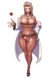 Rule 34 | 1girl, abs, absurdres, bare legs, bracelet, breasts, brown hair, cigarette, cleavage, creatures (company), curvy, earrings, female focus, full body, game freak, green eyes, highres, huge breasts, jewelry, kongman99, lab coat, long hair, looking at viewer, muscular, muscular female, nail polish, navel, necklace, nintendo, parted lips, poke ball, pokemon, pokemon sv, sada (pokemon), sandals, solo, sweat, thick thighs, thighs, toenail polish, toenails, white background, wide hips