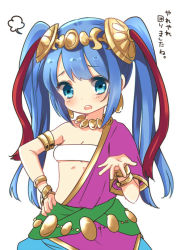 Rule 34 | 1girl, armlet, bandeau, bare shoulders, blue eyes, blue hair, bracelet, breasts, cleavage, collarbone, earrings, hair ornament, hand on own hip, hoshino (nia hoshino), jewelry, lakshmi (p&amp;d), long hair, looking at viewer, lots of jewelry, midriff, necklace, open mouth, puzzle &amp; dragons, short sleeves, simple background, small breasts, solo, strapless, text focus, translation request, tube top, twintails, white background